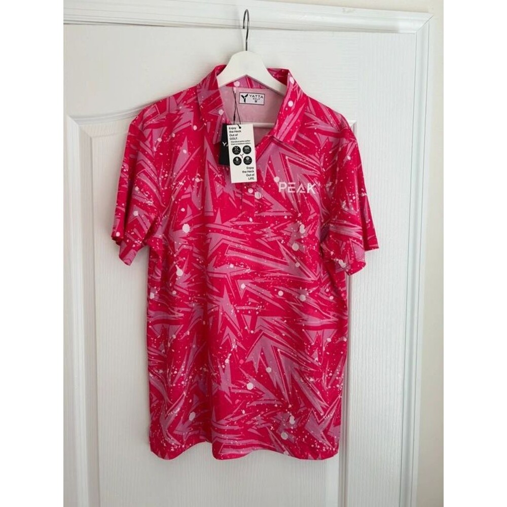 New Men Yatta Golf M POW Pink Polo Abstract Vibrant Stretch Performance Soft NWT